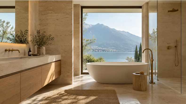 Cuarto de baño moderno con superficies claras