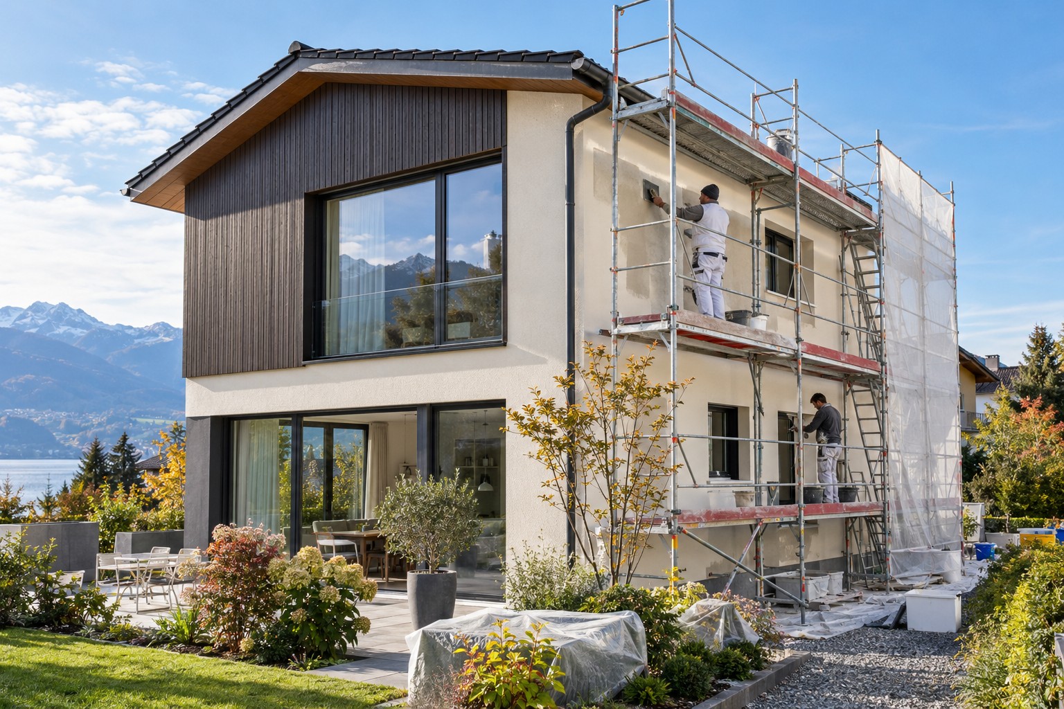 Vivienda unifamiliar con andamio durante la renovación de la fachada