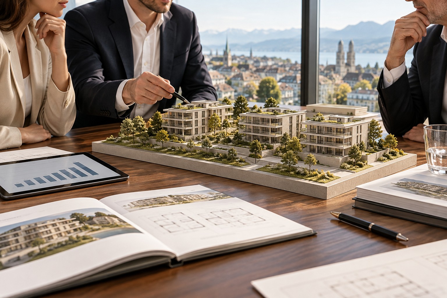 Reunión con maqueta arquitectónica de un conjunto residencial