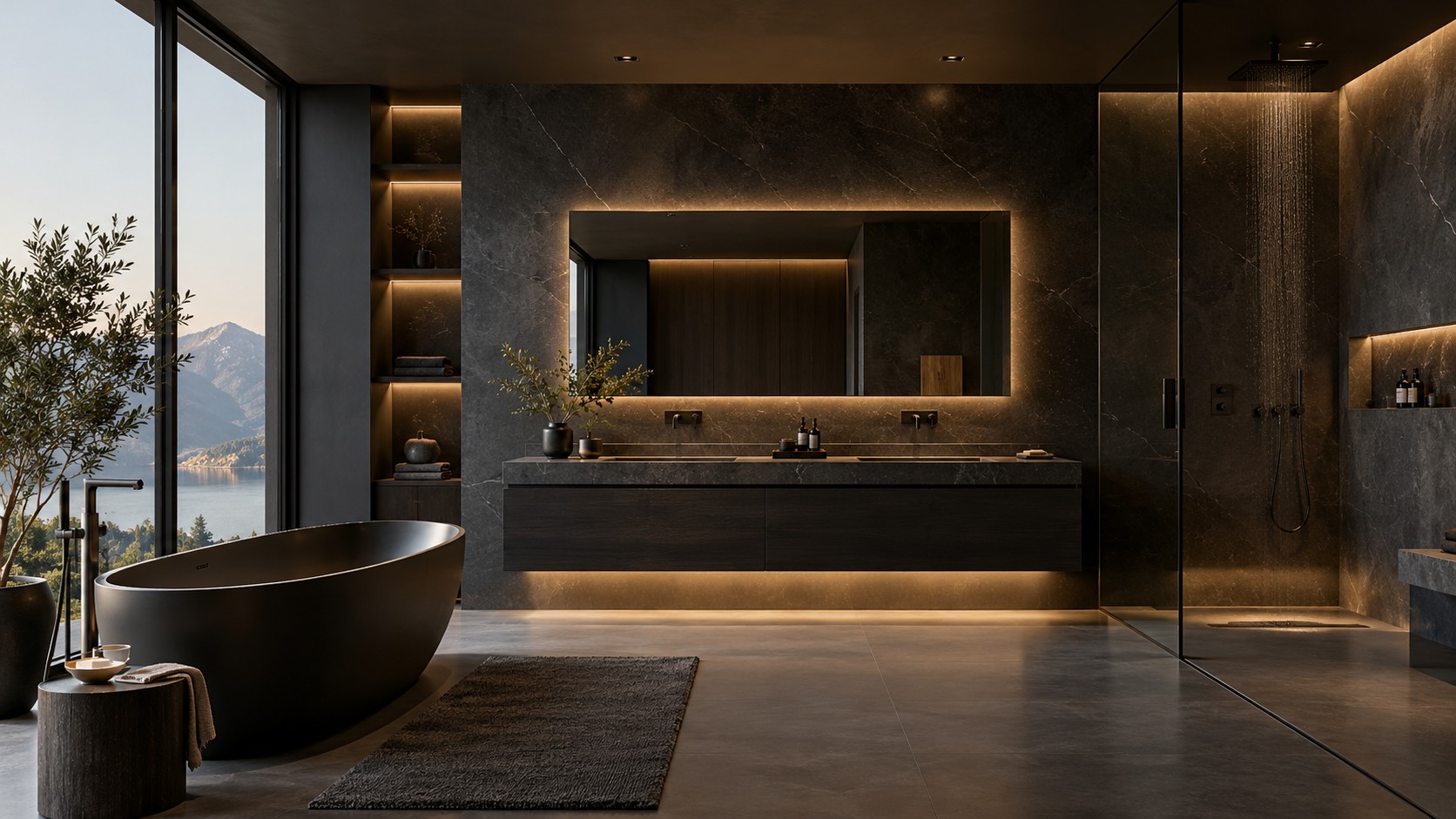 Elegante cuarto de baño con bañera exenta y luz indirecta
