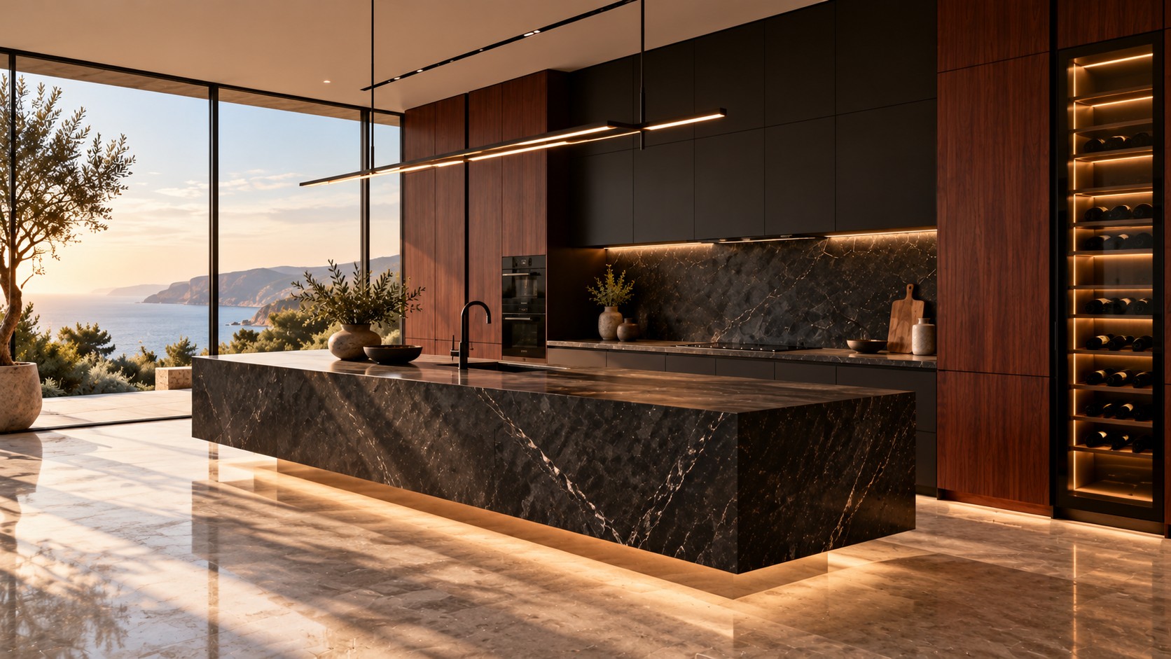 Cocina de alta calidad con isla de piedra, frentes de madera e iluminación ambiental