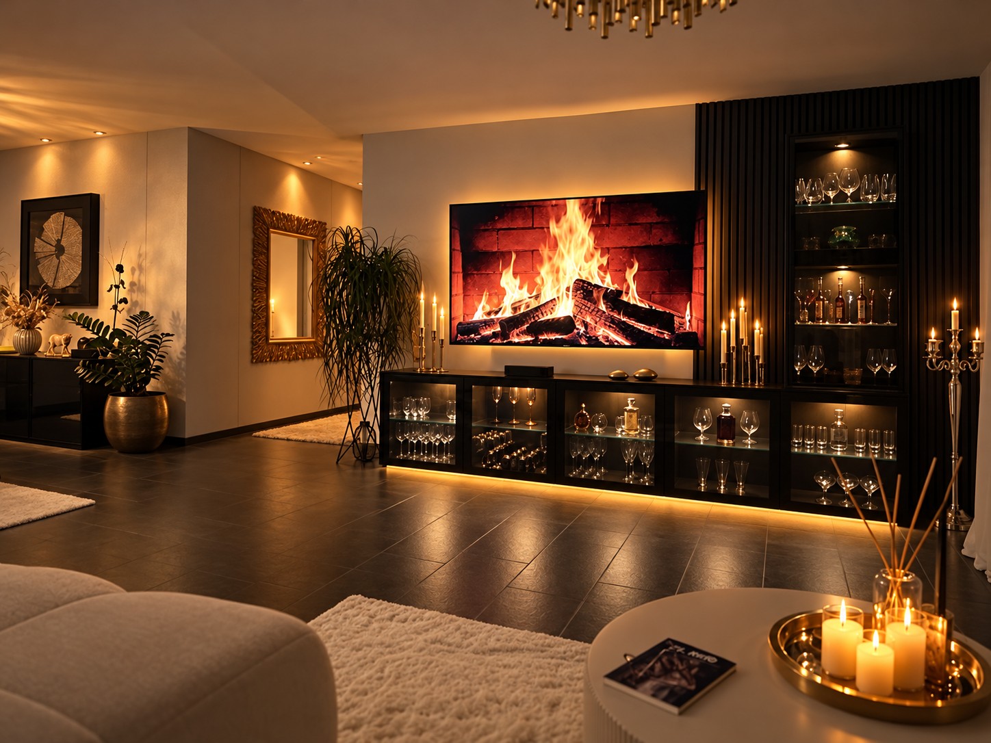 Salón con revestimiento de pared iluminado, vitrinas y fuego de chimenea en pantalla
