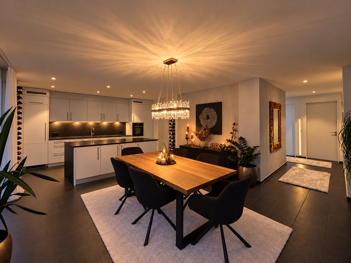 Zona abierta de salón y comedor con mesa de madera, lámpara de cristal y cocina blanca al atardecer