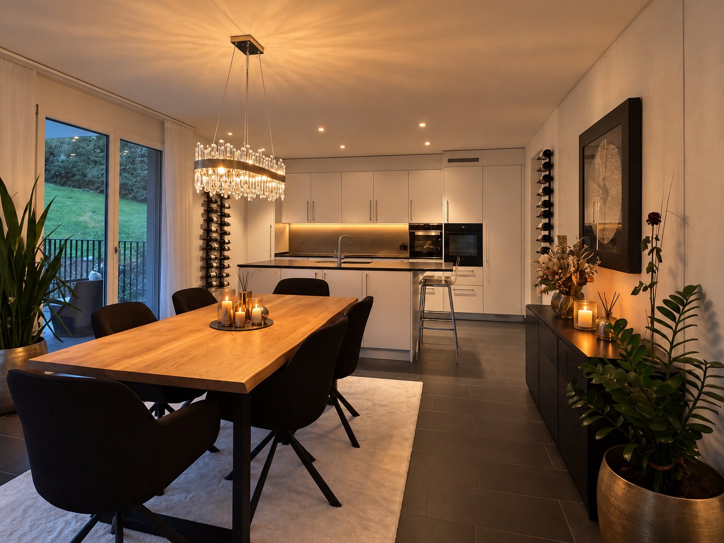Comedor con mesa de roble, lámpara de cristal y vistas a la cocina con isla y botellero
