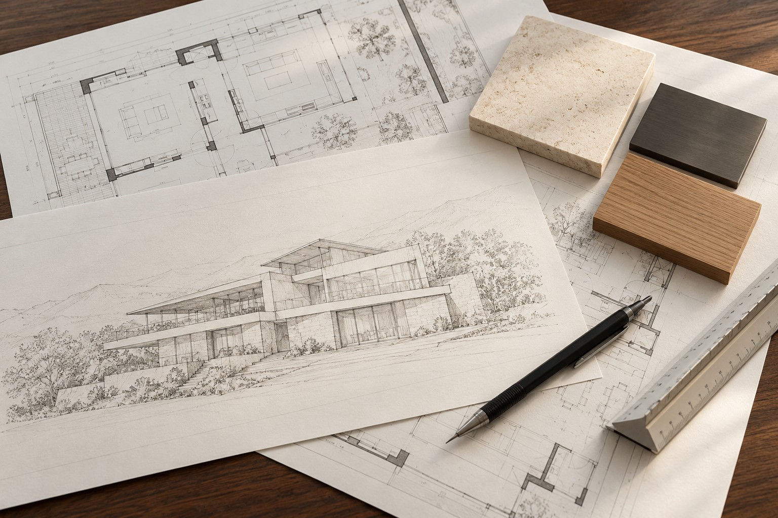 Boceto arquitectónico de una villa con planos y muestras de materiales